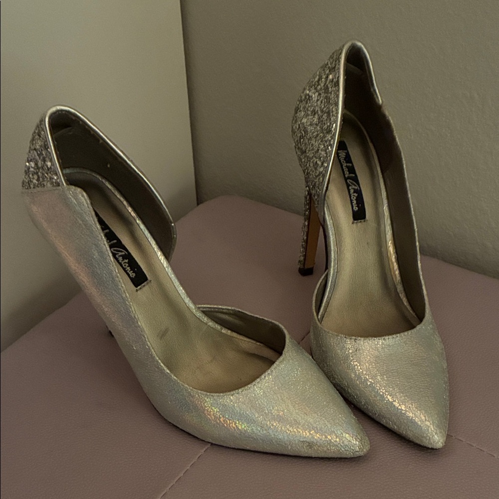 Michael Antonio Shimmering Silver Heels Size 7